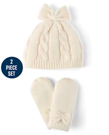 Baby Girls Bow Cable Knit 2-Piece Cold Weather Set - white