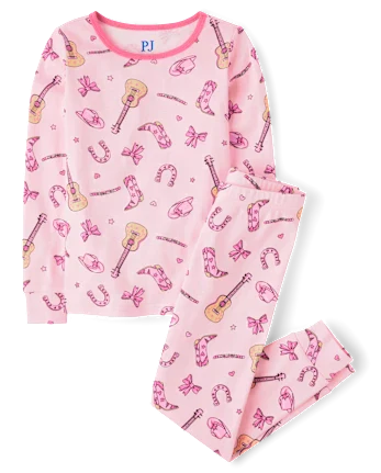 Girls Bow Cowgirl Snug Fit Cotton Pajamas - pink