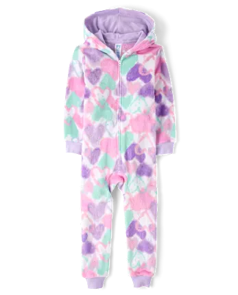 Girls Heart One Piece Pajamas - Cozy Fleece - white