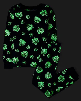 Kids Matching Family Glow Hanukkah Snug Fit Cotton Pajamas - blue