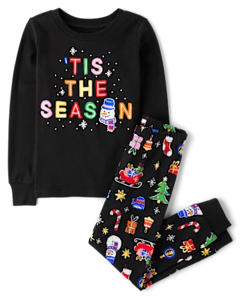 Kids Matching Family Glow Tis The Season Snug Fit Cotton Pajamas - black