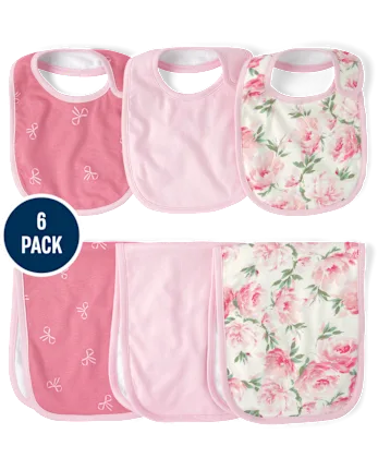 Baby Girls Floral Bib And Burp Cloth 6-Piece Set - pink
