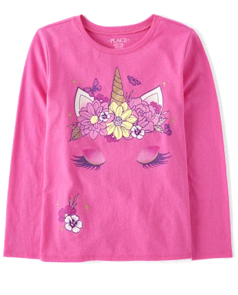 Girls Flower Crown Unicorn Graphic Tee - pink