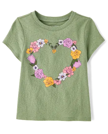 Toddler Girls Floral Heart  Graphic Tee - green