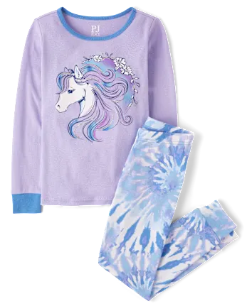 Girls Horse Snug Fit Cotton Henley Pajamas - white