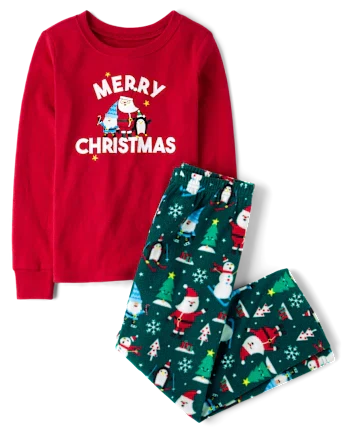 Kids Matching Family Merry Christmas Cotton And Microfleece Pajamas - green