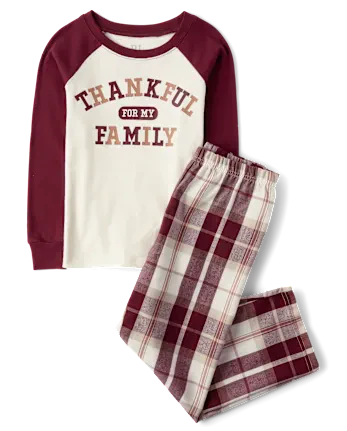 Kids Matching Family Thankful For Family Cotton And Flannel Pajamas - burgundy