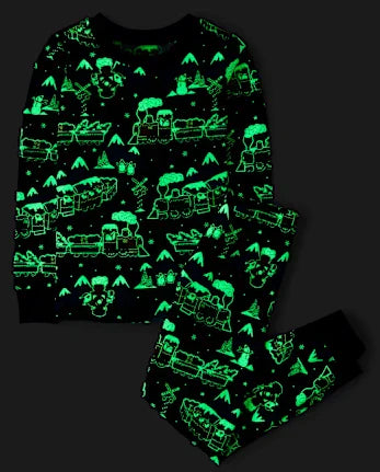 Kids Glow Holiday Train Snug Fit Cotton Pajamas - blue