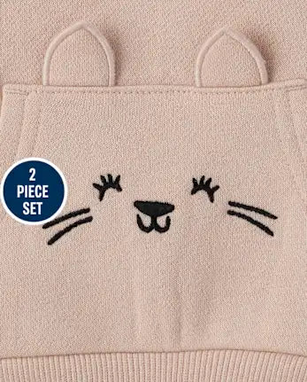 Baby Girls Bear Premium Fleece 2-Piece Playwear Set - tan