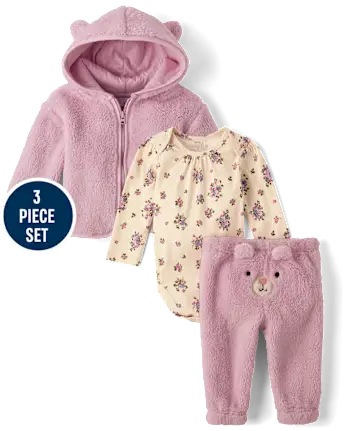 Baby Girls Embroidered Bear 3-Piece Playwear Set - purple
