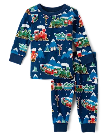 Baby And Toddler Glow Holiday Train Snug Fit Cotton Pajamas - blue
