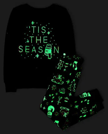 Kids Matching Family Glow Tis The Season Snug Fit Cotton Pajamas - black