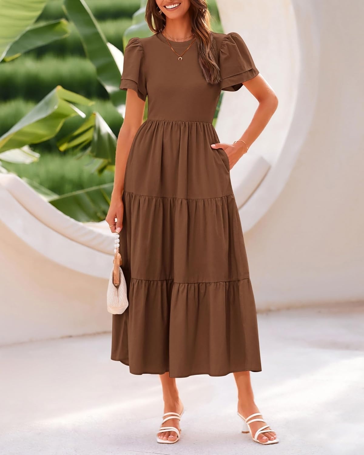 ✨Crewneck Short Sleeve Boho Tiered Maxi Dress with Pockets (Buy 2 Free Shipping!!!)