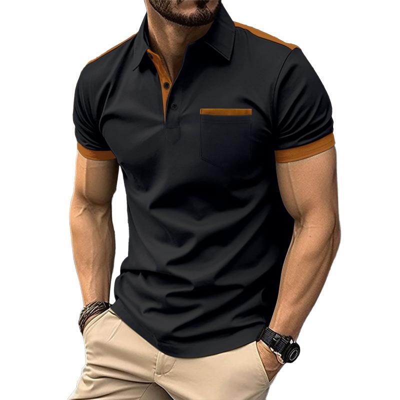 Men's Colorblock Chest Pocket Lapel Cotton Blend Short Sleeve Polo Shirt