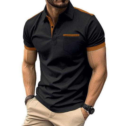 Men's Colorblock Chest Pocket Lapel Cotton Blend Short Sleeve Polo Shirt