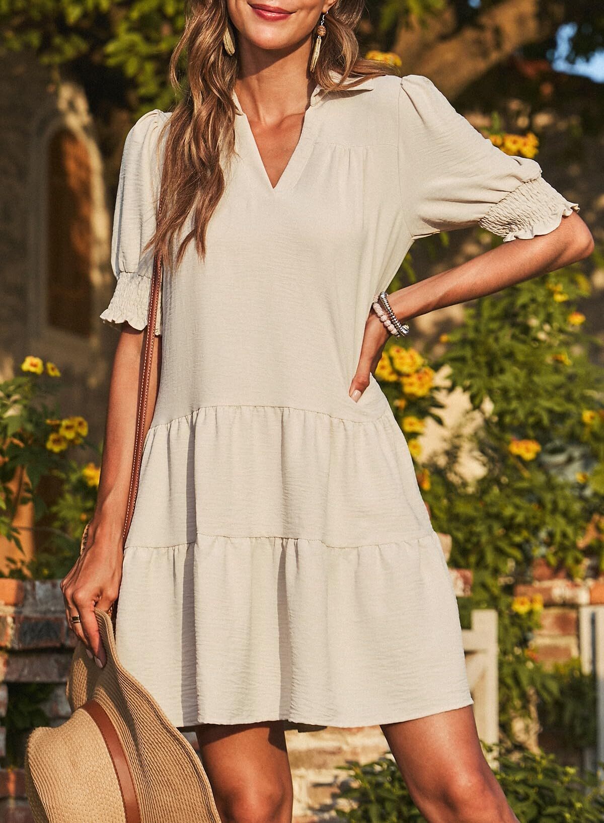 📣Smocked Sleeve Tiered V-Neck Mini Dress (Buy 2 Free Shipping)