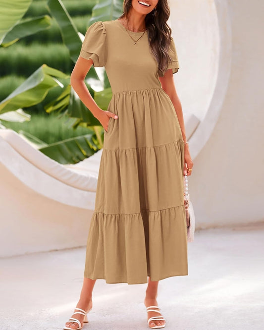 ✨Crewneck Short Sleeve Boho Tiered Maxi Dress with Pockets (Buy 2 Free Shipping!!!)