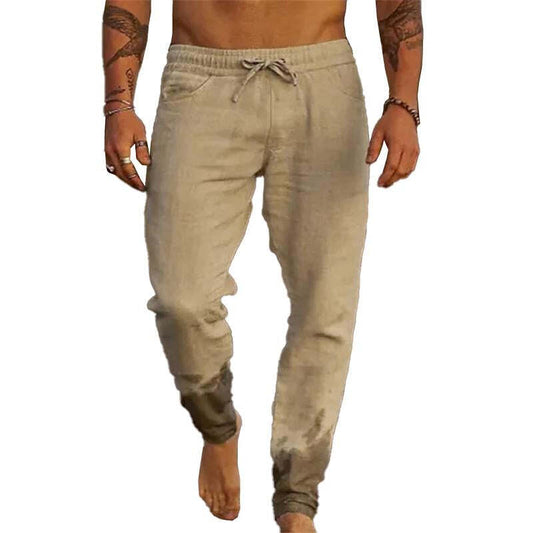 Men's Casual Solid Color Cotton Blend Drawstring Elastic Waist Loose Beach Pants