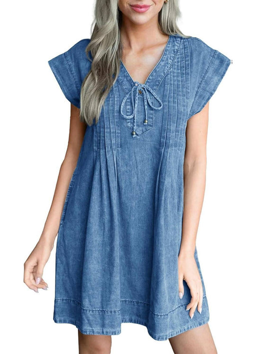 ✨Women's V-neck Pleated Denim Dress With Pockets(Buy 2 Free Shipping)