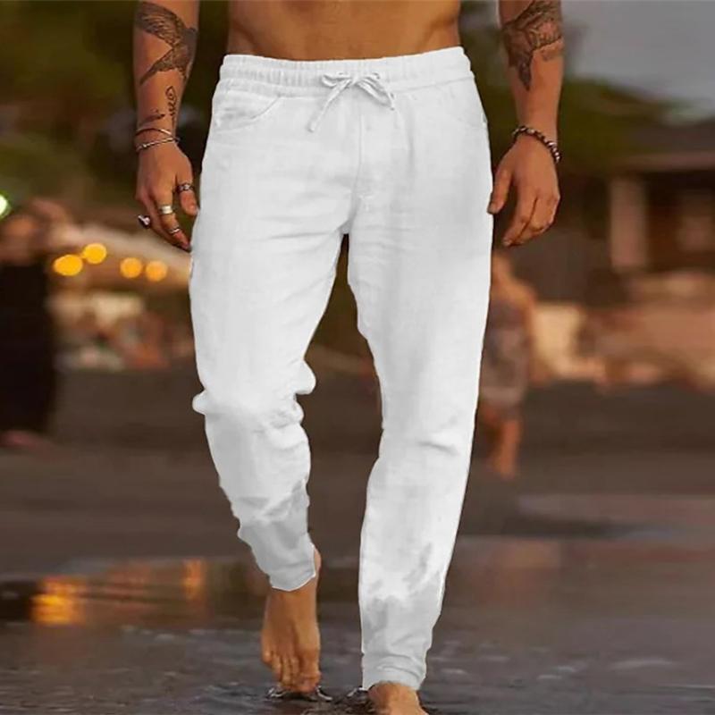Men's Casual Solid Color Cotton Blend Drawstring Elastic Waist Loose Beach Pants