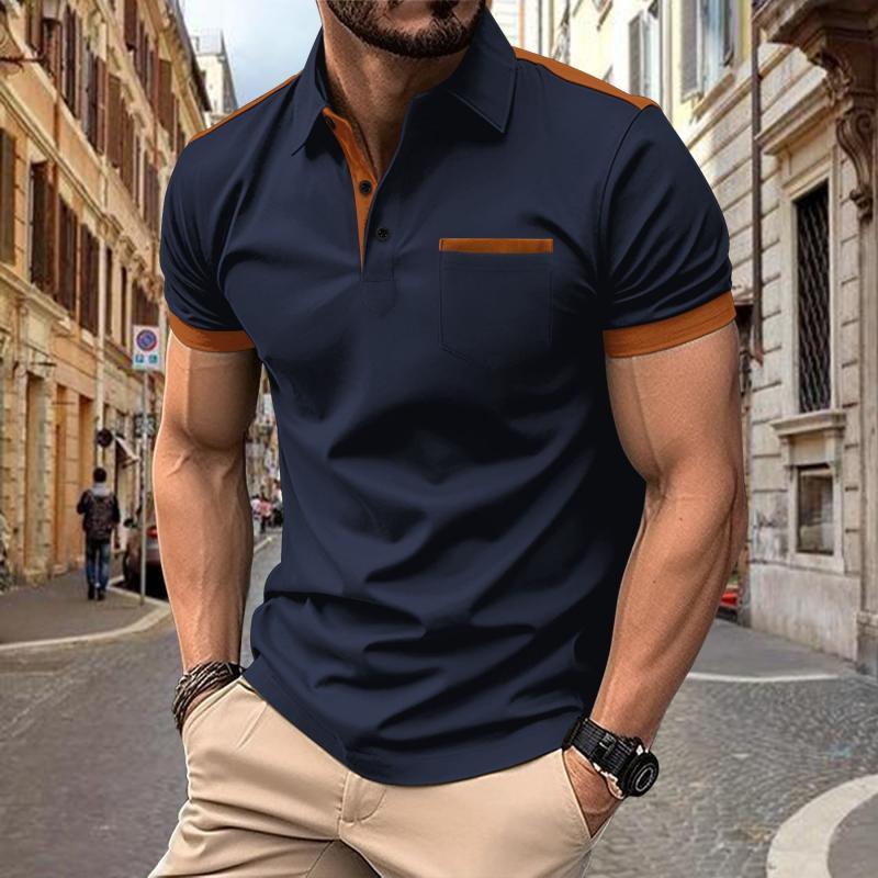 Men's Colorblock Chest Pocket Lapel Cotton Blend Short Sleeve Polo Shirt